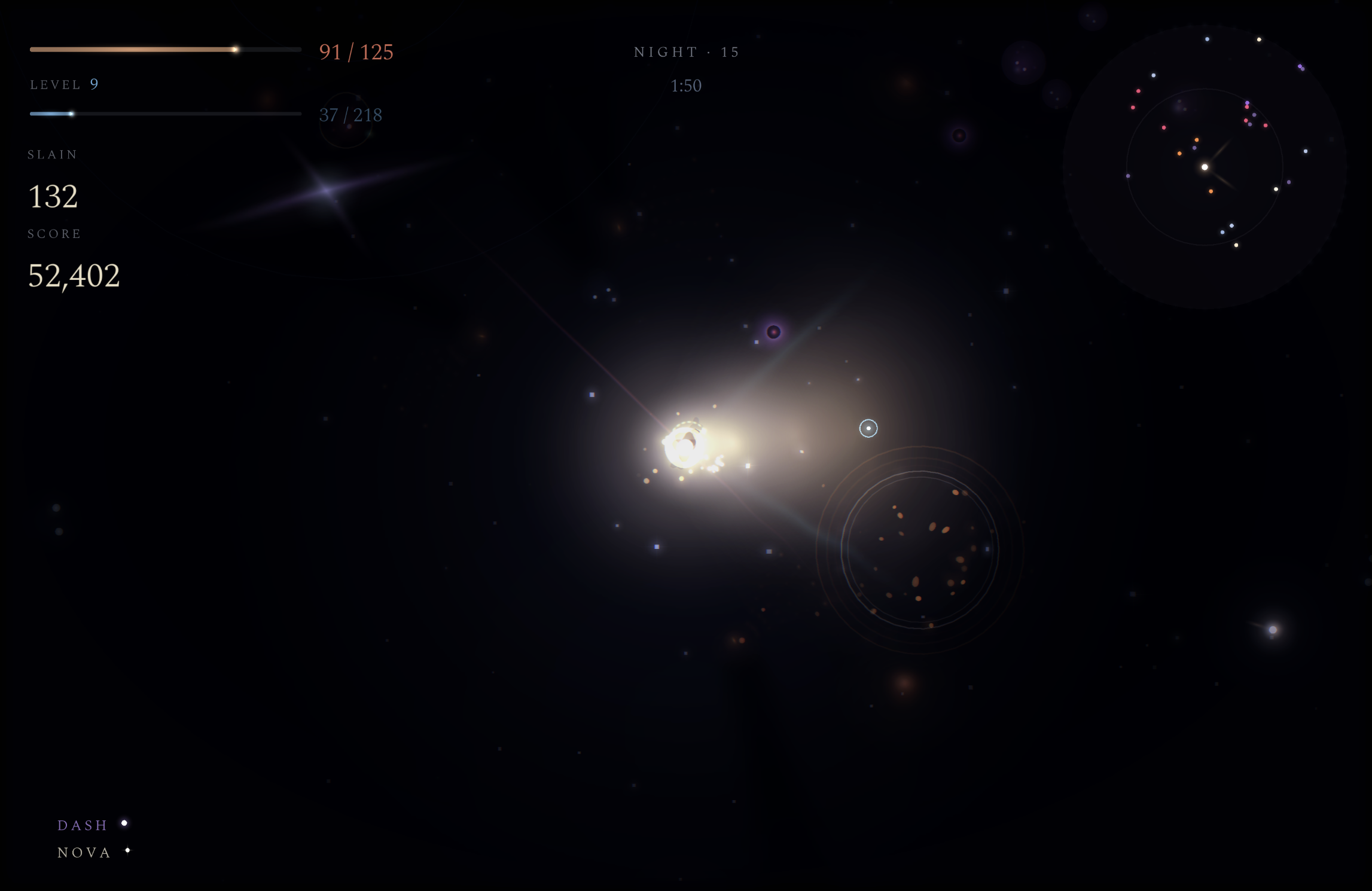 Night 15, the beam flaring bright against a dense swarm