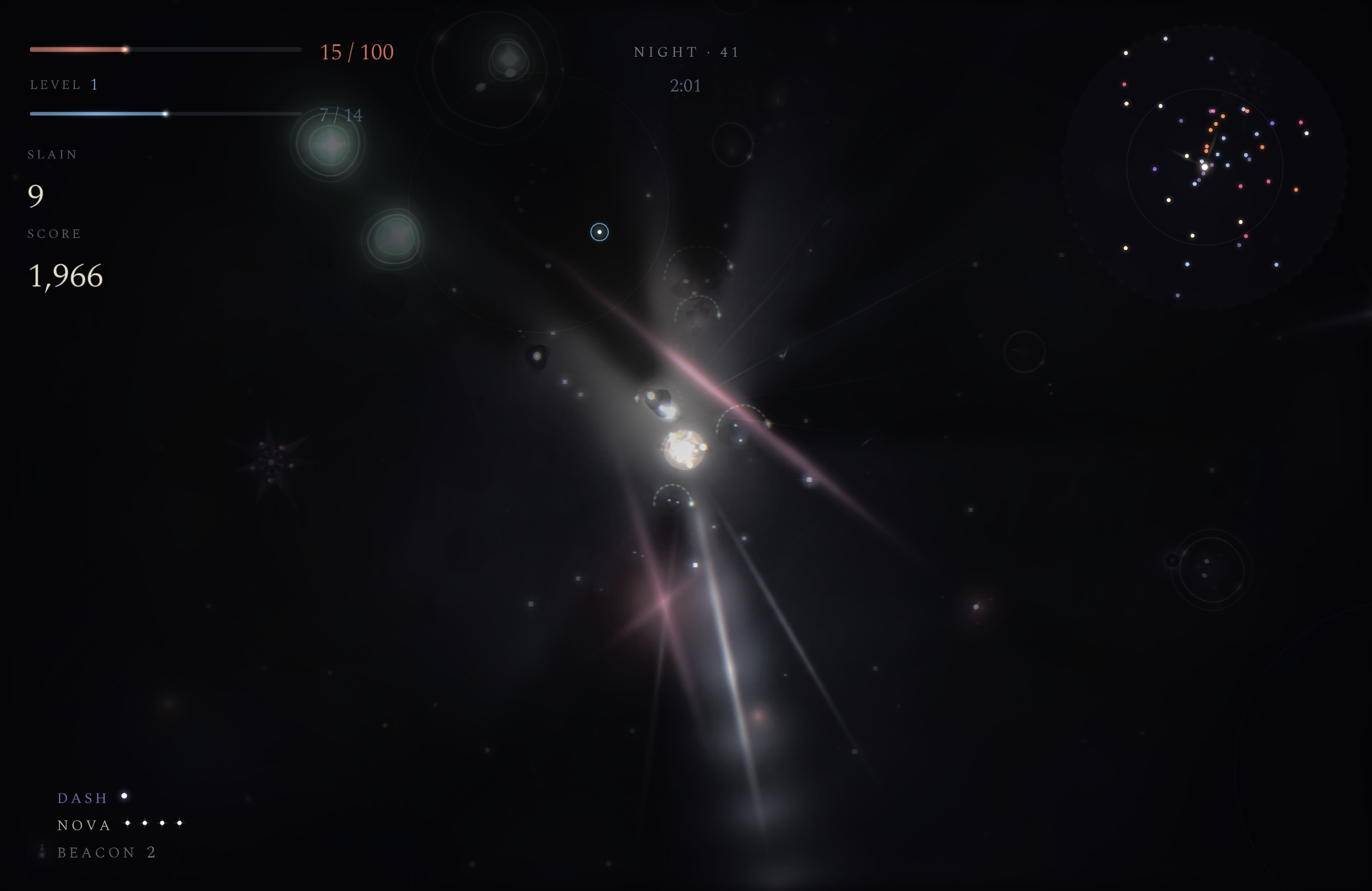 Night 41, the light down to a sliver as beams cross the field